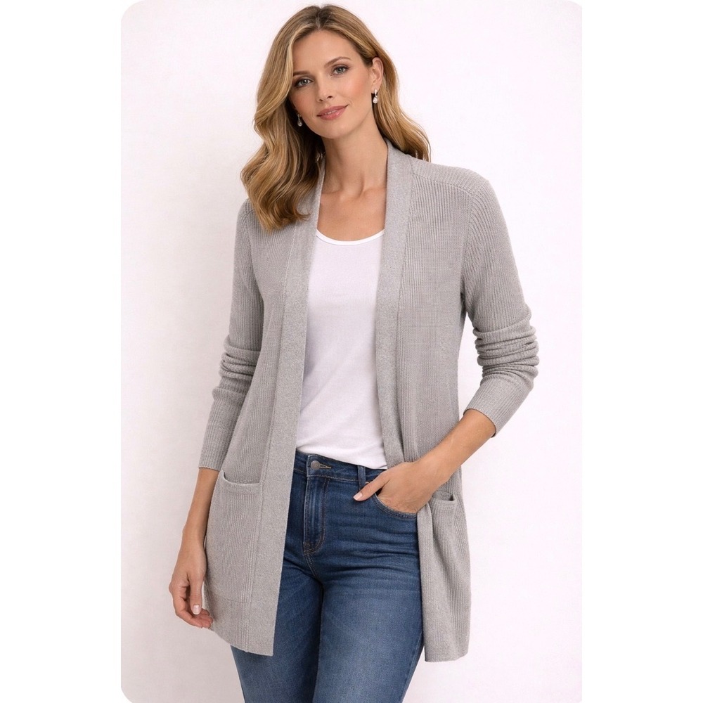 Cottagecore XS Gray Ribbed Open Front Cardigan Sweater warm Longline Pockets
